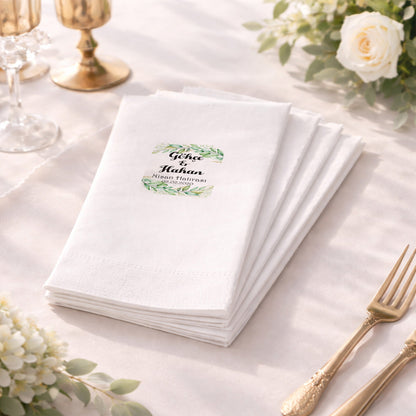 Yeşil Yapraklı Çerçeveli Nişan Hatırası Baskılı Peçete