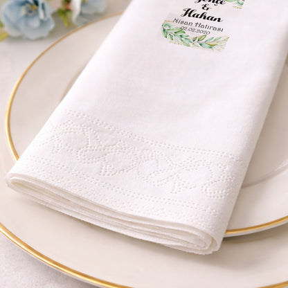 Yeşil Yapraklı Çerçeveli Nişan Hatırası Baskılı Peçete