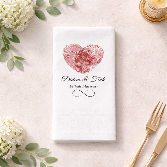 Parmak İzi Kalp Tasarımlı Nikah ve Düğün Baskılı Peçete