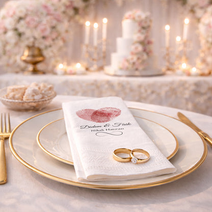 Parmak İzi Kalp Tasarımlı Nikah ve Düğün Baskılı Peçete