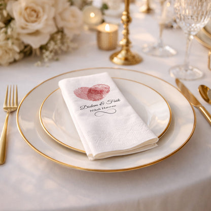 Parmak İzi Kalp Tasarımlı Nikah ve Düğün Baskılı Peçete