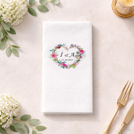 Çiçek Kalp Çerçeveli İsimli Nişan ve Düğün Baskılı Peçete