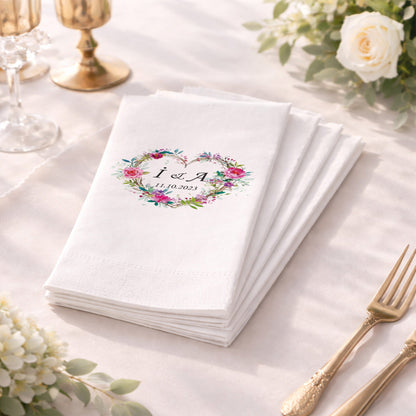 Çiçek Kalp Çerçeveli İsimli Nişan ve Düğün Baskılı Peçete