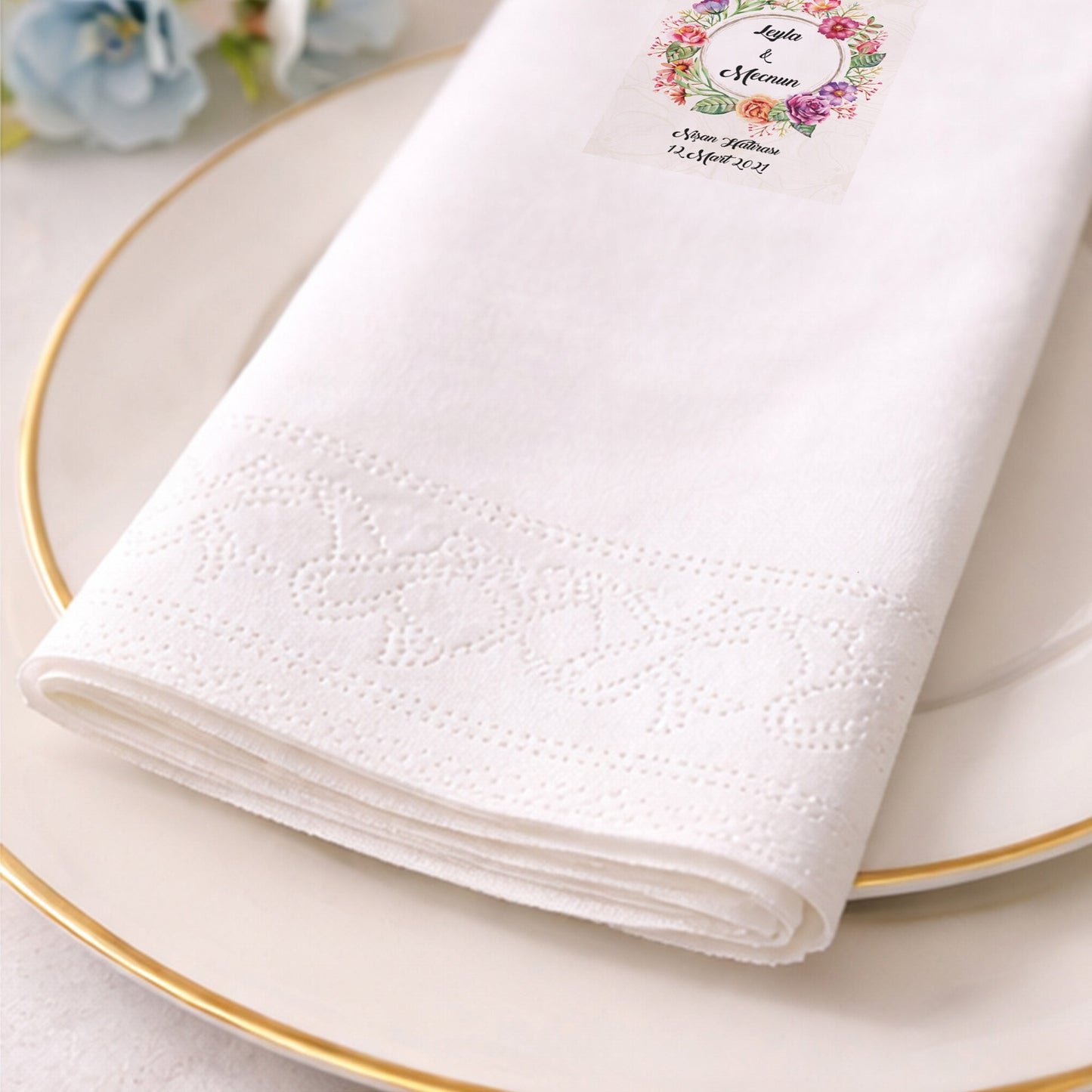 Renkli Çiçek Çerçeveli İsimli Nişan ve Düğün Baskılı Peçete