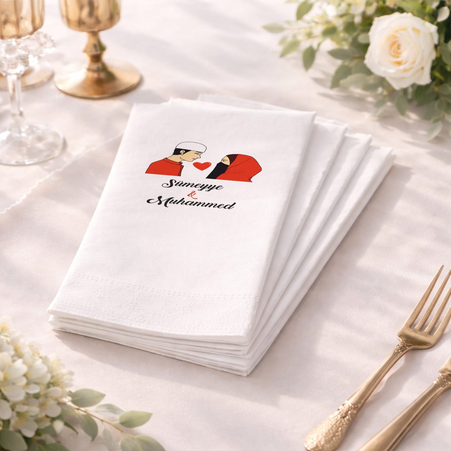 Figürlü Muhafazakâr Temalı İsimli Nikah Baskılı Özel Gün Peçetesi