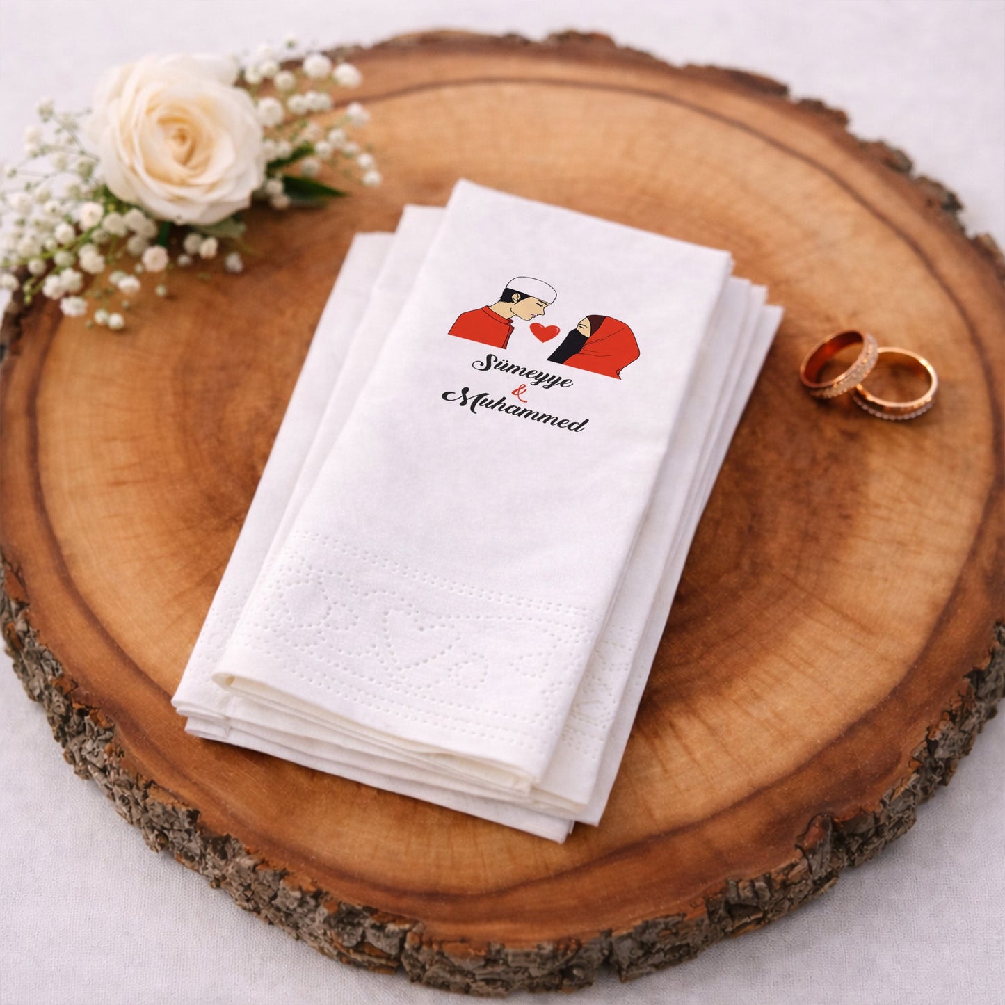 Figürlü Muhafazakâr Temalı İsimli Nikah Baskılı Özel Gün Peçetesi