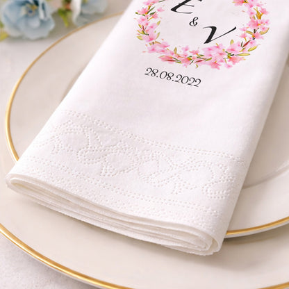E & V İsim Baş Harfli Pembe Çiçekli Romantik Nişan Peçetesi