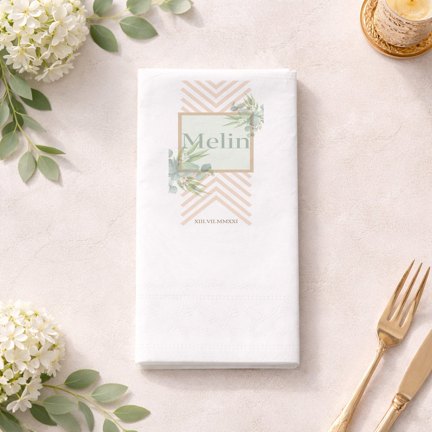 Melin İsme Özel Yeşil Yaprak ve Geometrik Desenli Modern Baskılı Peçete