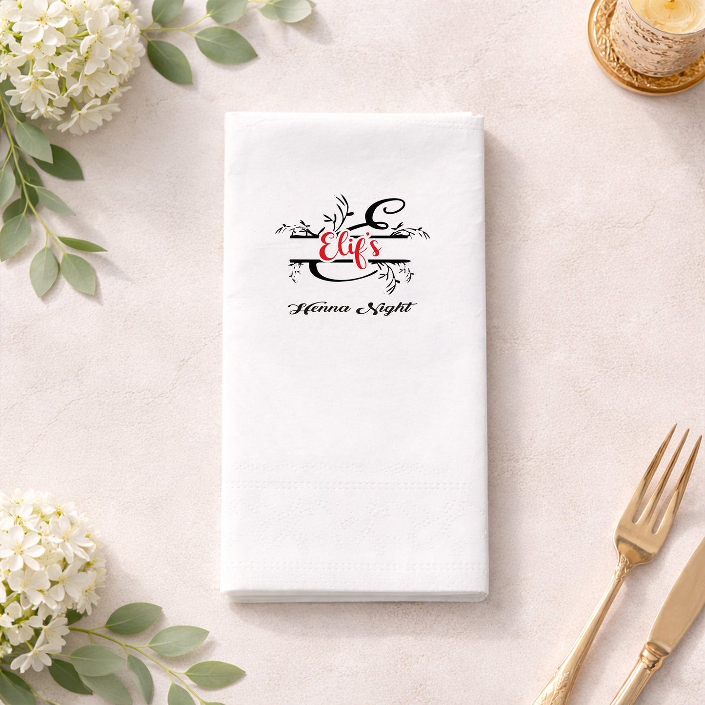 Elif’s Henna Night Kırmızı Yazılı Şık Kına Gecesi Peçetesi