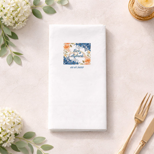 Ece & Ayberk İsimli Çiçek Desenli Alyans Baskılı Nişan Peçetesi