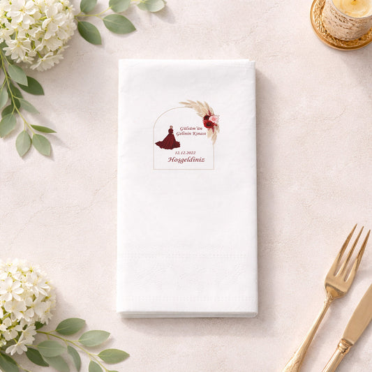 Gülsüm'ün Gelin Kınası Kabarık Bordo Elbiseli Organizasyon Peçetesi