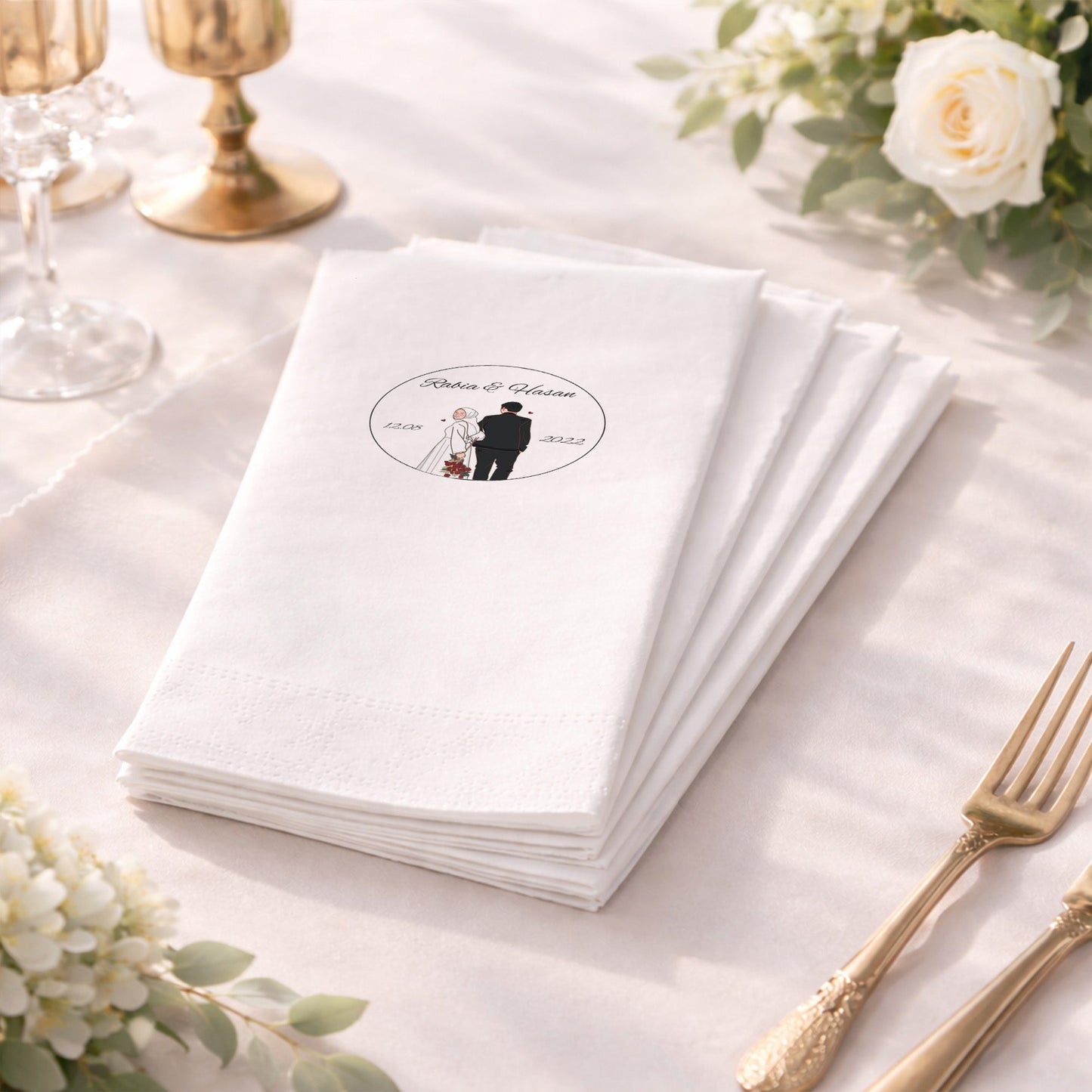 Rabia & Hasan İllüstrasyonlu Siyah Baskılı Düğün Peçetesi