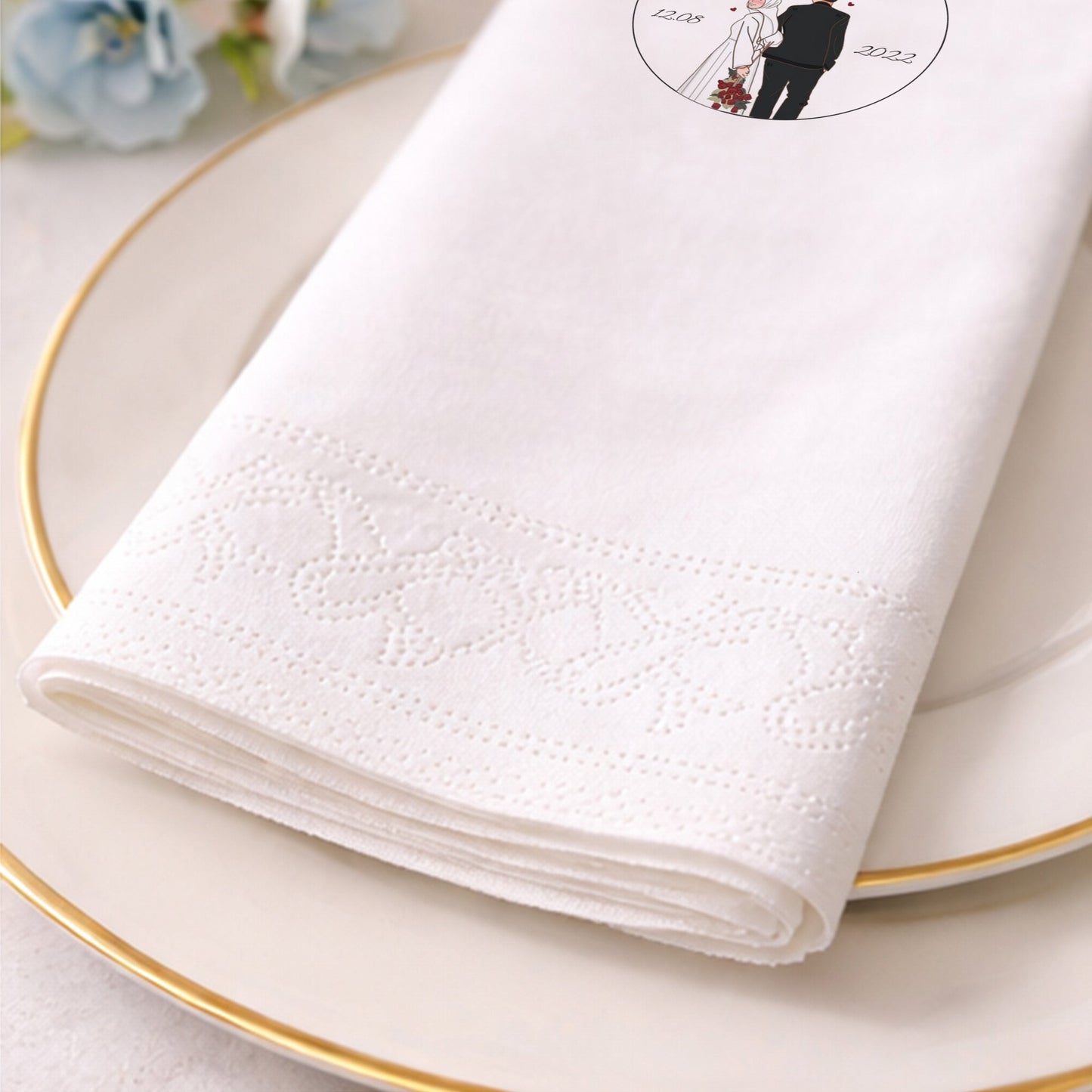 Rabia & Hasan İllüstrasyonlu Siyah Baskılı Düğün Peçetesi