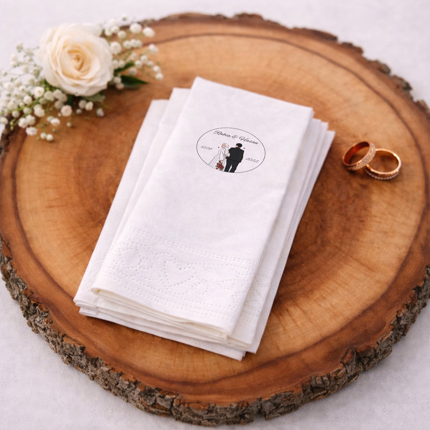 Rabia & Hasan İllüstrasyonlu Siyah Baskılı Düğün Peçetesi