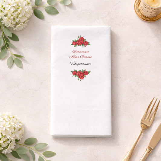 Kırmızı Gül Desenli Rabia'nın Kına Gecesi Baskılı Peçete