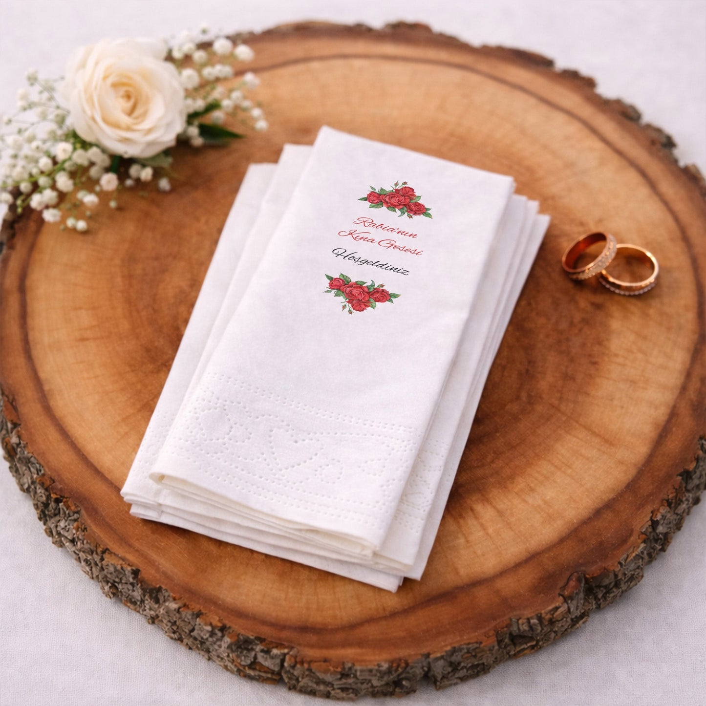 Kırmızı Gül Desenli Rabia'nın Kına Gecesi Baskılı Peçete