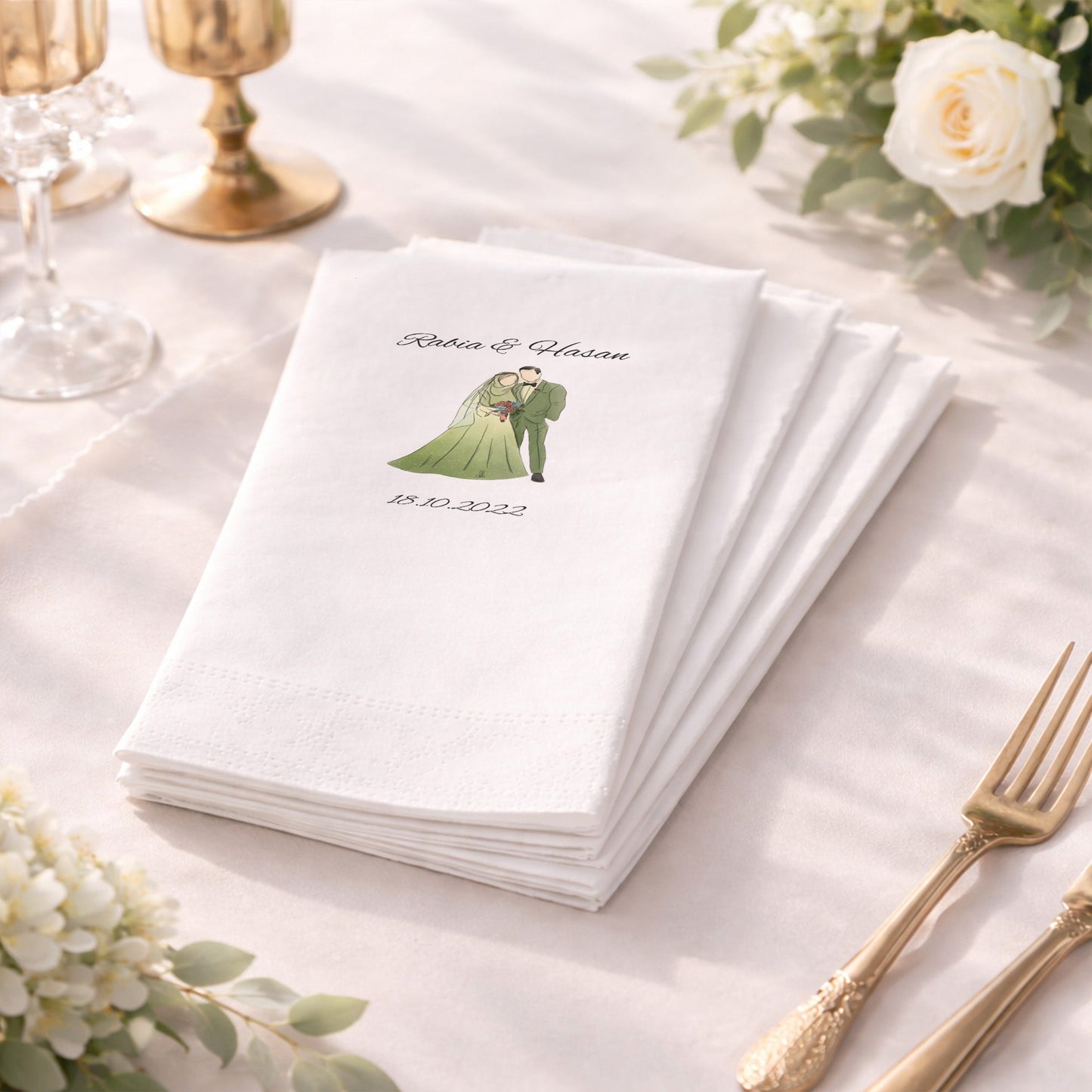 Yeşil Elbiseli Gelin Figürlü Kişiye Özel Düğün Peçetesi