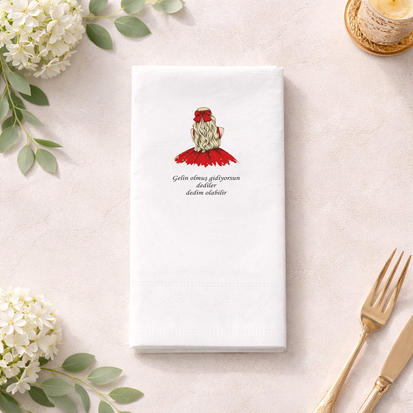 Kırmızı Elbiseli Modern Gelin Figürlü Kına Peçetesi