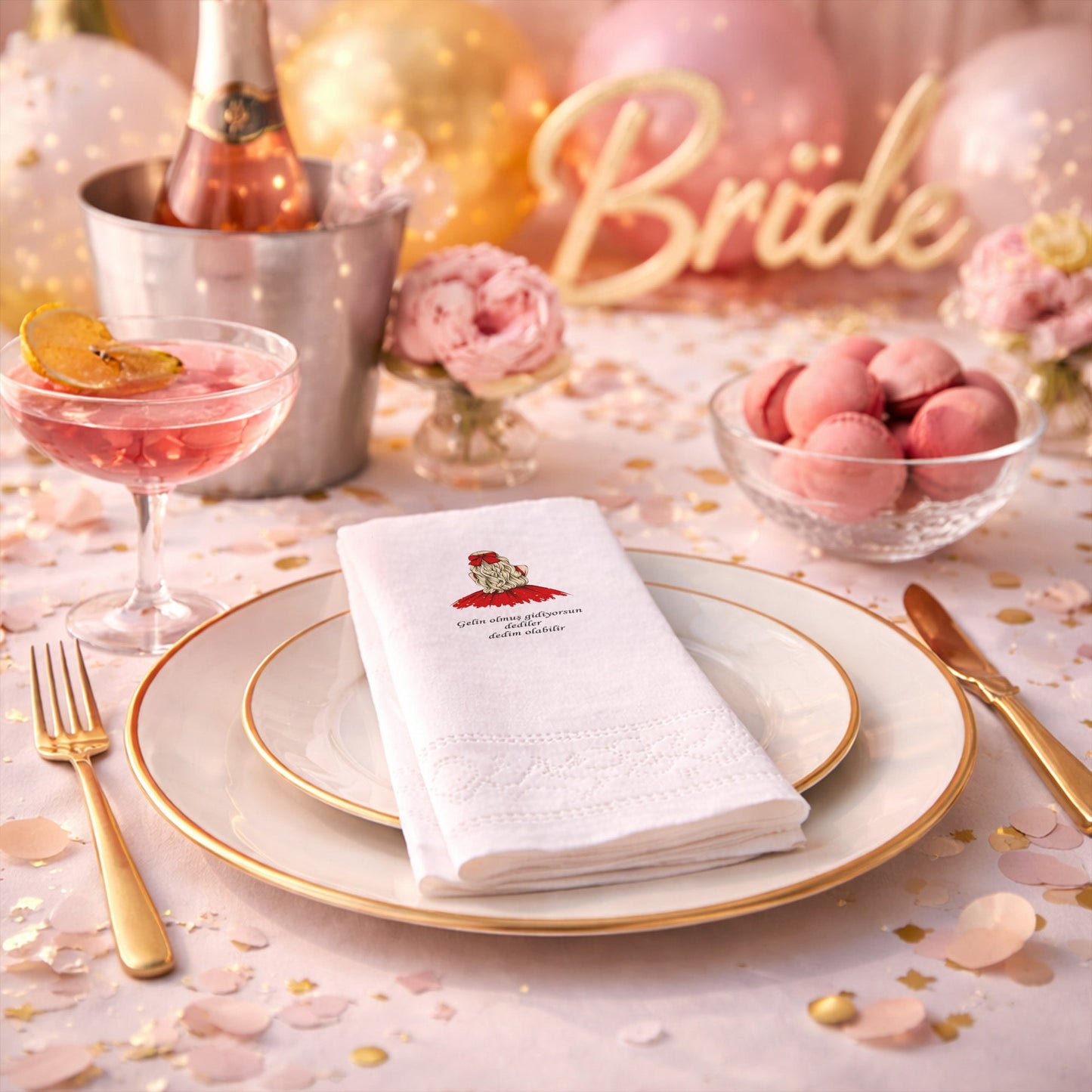 Kırmızı Elbiseli Modern Gelin Figürlü Kına Peçetesi