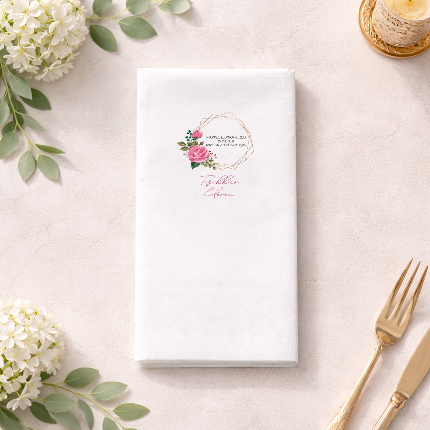 Pembe Gül ve Altın Geometrik Desenli Teşekkür Peçetesi