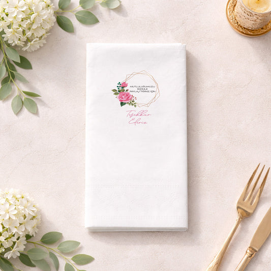 Pembe Gül ve Altın Geometrik Desenli Teşekkür Peçetesi