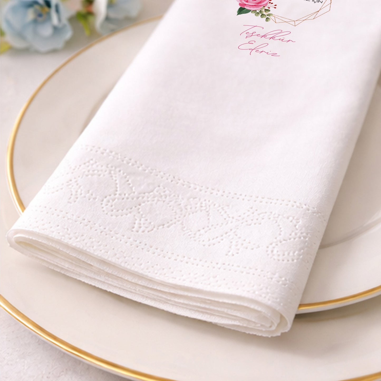 Pembe Gül ve Altın Geometrik Desenli Teşekkür Peçetesi