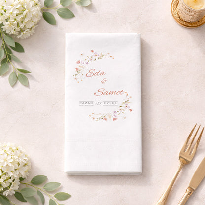 Eda & Samet Çiçek Çerçeveli Siyah Düğün Peçetesi