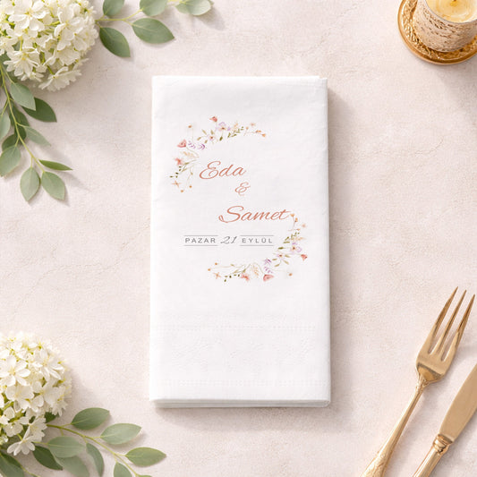 Eda & Samet Çiçek Çerçeveli Siyah Düğün Peçetesi