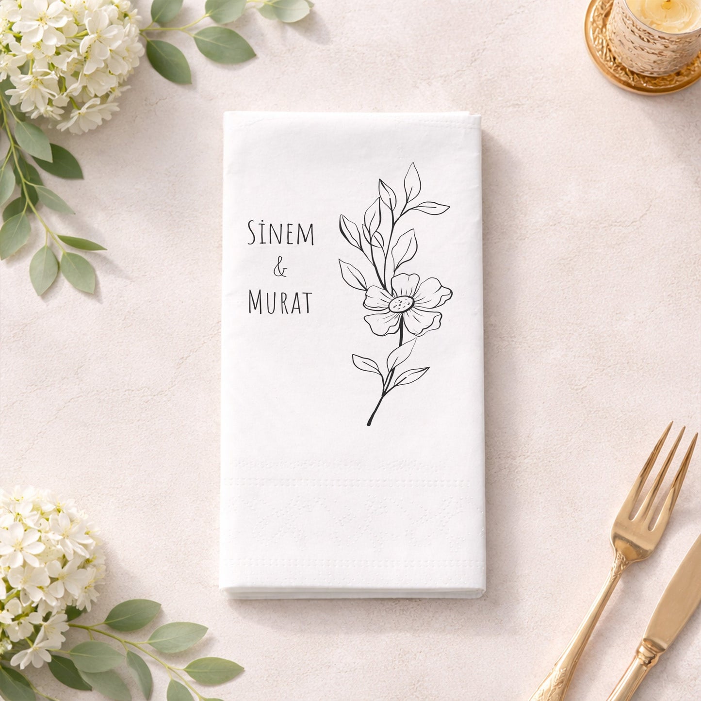 Sinem & Murat Minimalist Çiçekli Baskılı Peçete