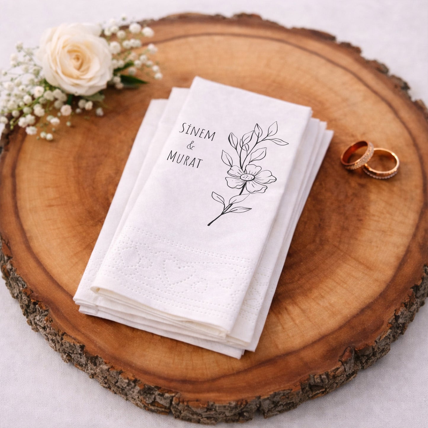 Sinem & Murat Minimalist Çiçekli Baskılı Peçete