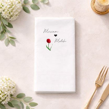 Miriam & Melih Kırmızı Lale Temalı Siyah Baskılı Nişan Peçetesi