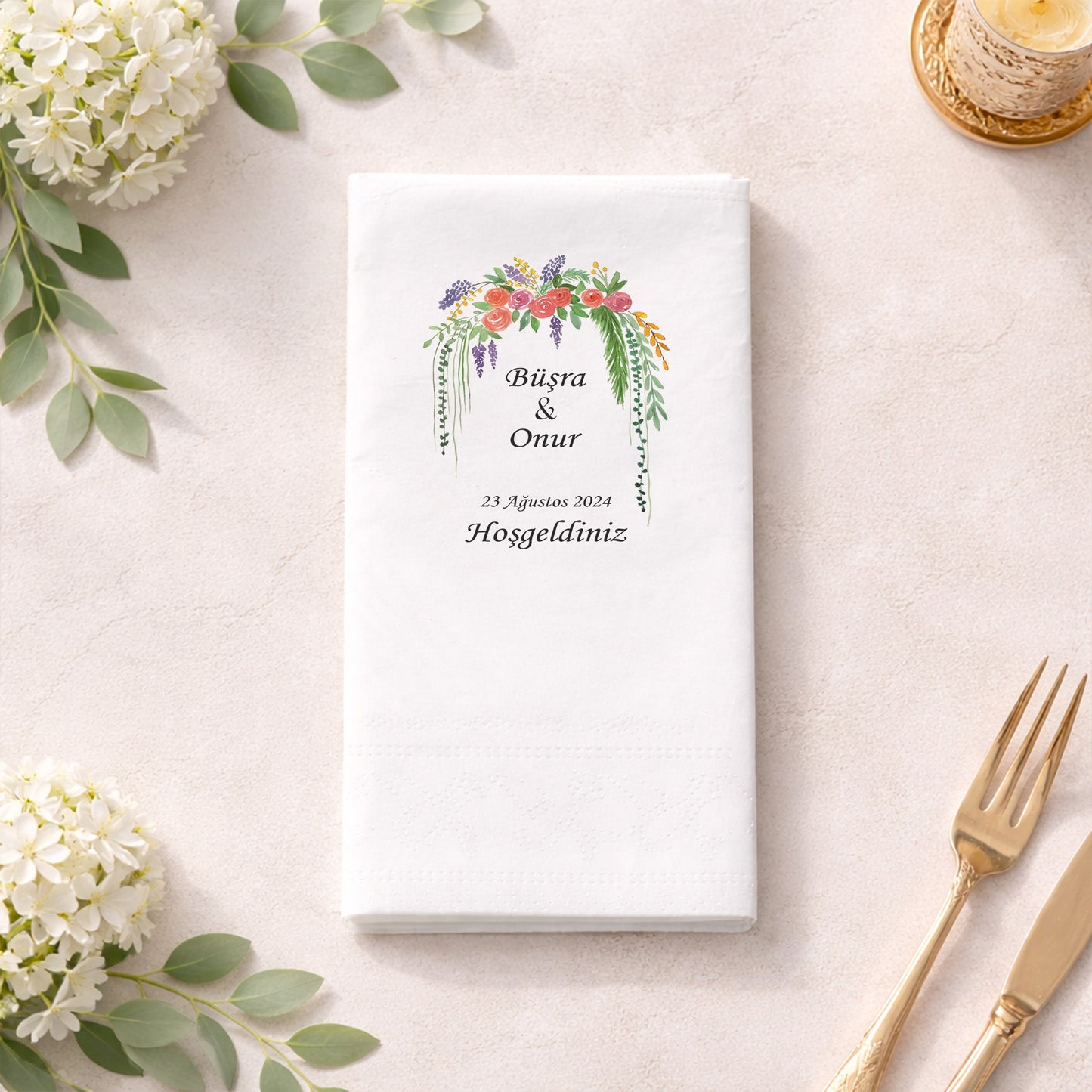 Büşra & Onur Pastel Çiçek Buketi Tasarımlı Baskılı Düğün Peçetesi