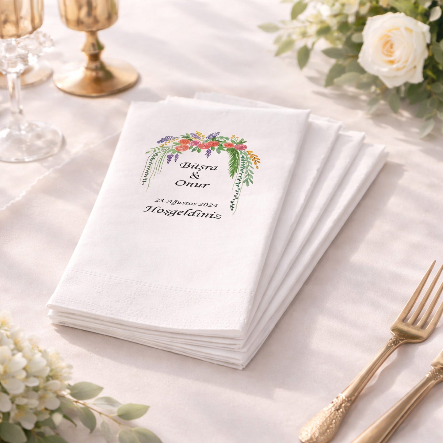 Büşra & Onur Pastel Çiçek Buketi Tasarımlı Baskılı Düğün Peçetesi