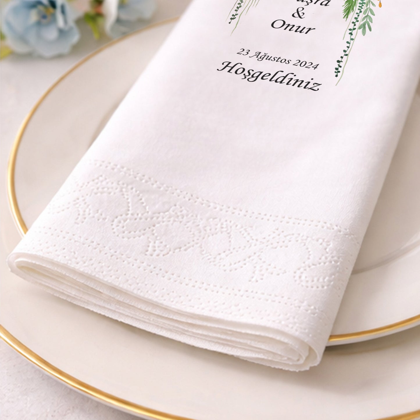 Büşra & Onur Pastel Çiçek Buketi Tasarımlı Baskılı Düğün Peçetesi