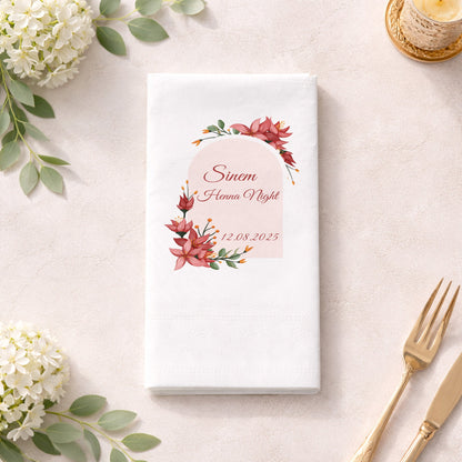 Sinem Henna Night Kırmızı Çiçekli Kına Gecesi Baskılı Peçete