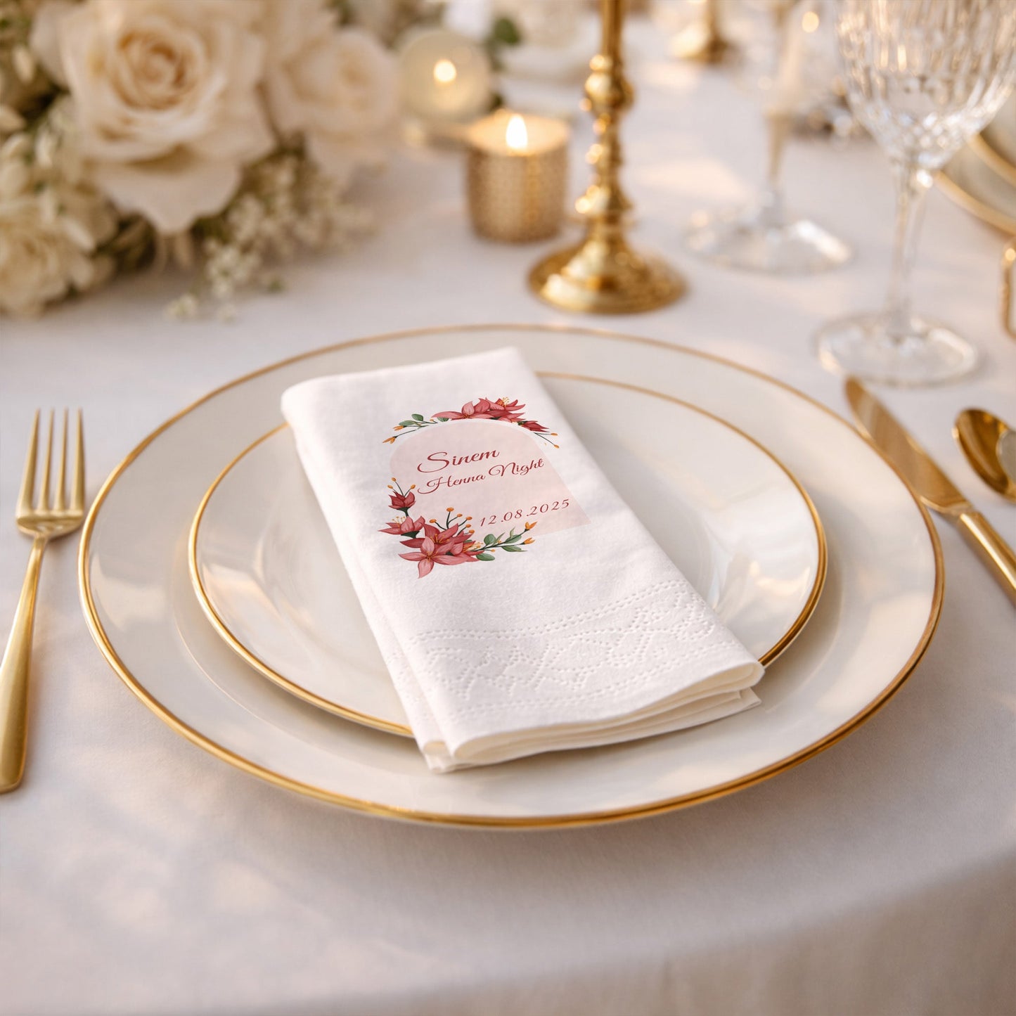 Sinem Henna Night Kırmızı Çiçekli Kına Gecesi Baskılı Peçete