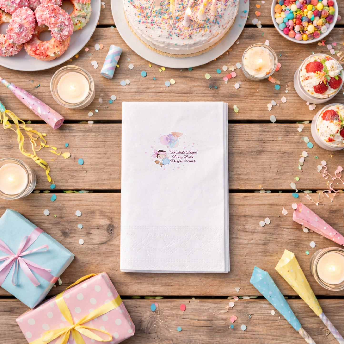 Balonlu Kız Bebek Temalı Kişiye Özel Bebek Mevlidi Peçetesi