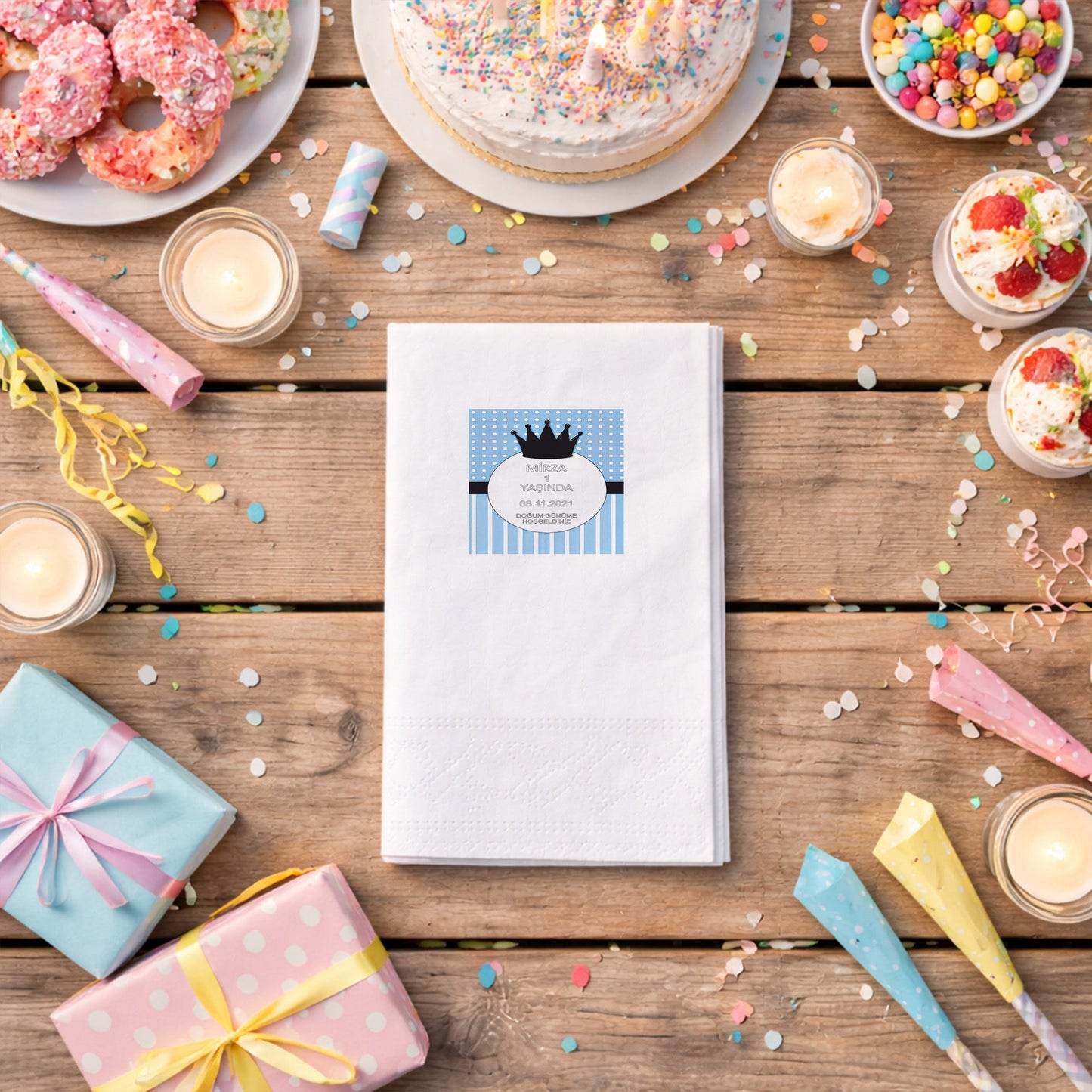 Balonlu Kız Bebek Temalı Kişiye Özel Bebek Mevlidi Peçetesi