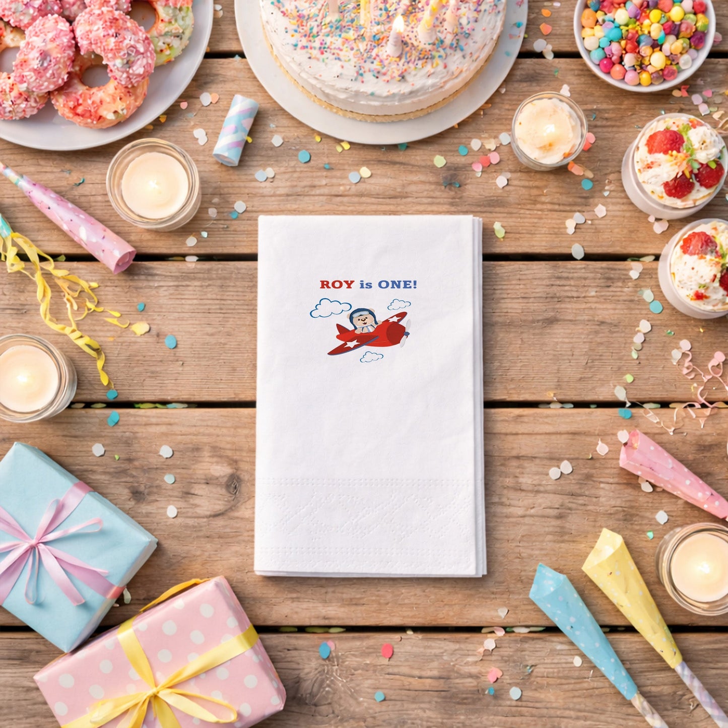 Uçaklı Ayıcık Temalı Erkek Bebek 1 Yaş Doğum Günü Peçetesi