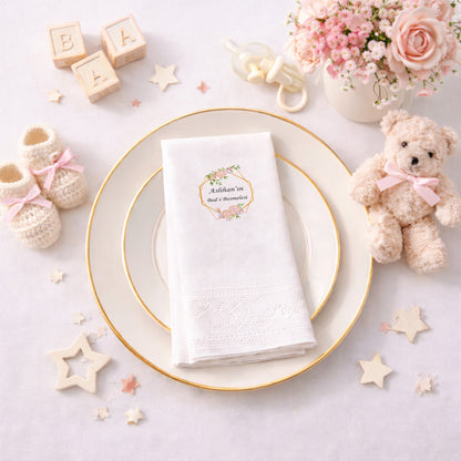 Çiçekli Altın Çerçeve Temalı Kız Bebek Mevlidi Peçetesi