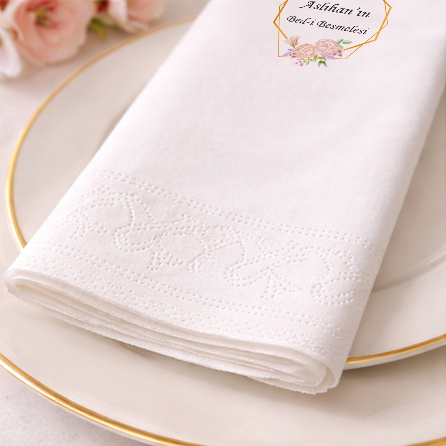 Çiçekli Altın Çerçeve Temalı Kız Bebek Mevlidi Peçetesi