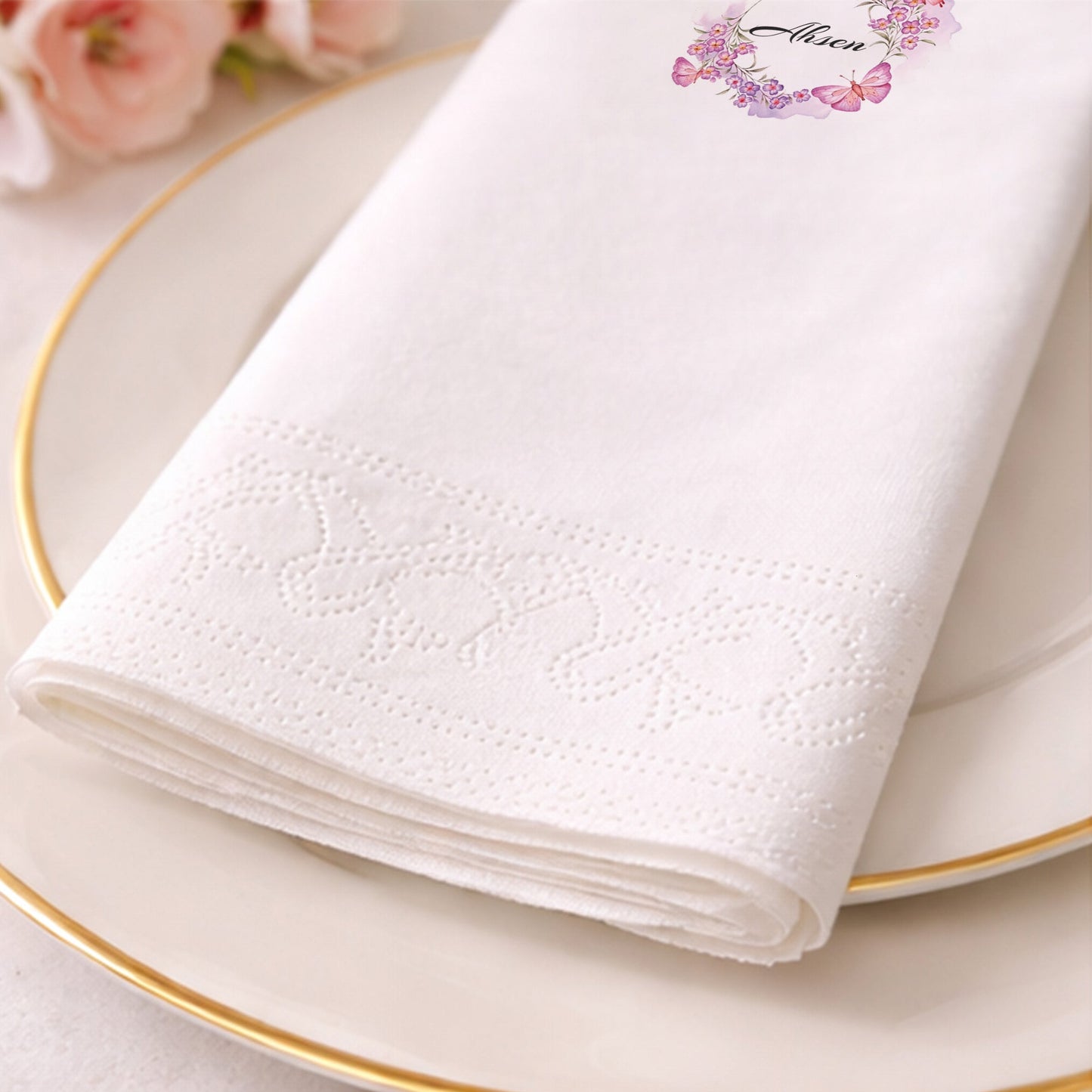 Kelebekli Çiçek Çelenk Temalı Kız Bebek Peçetesi