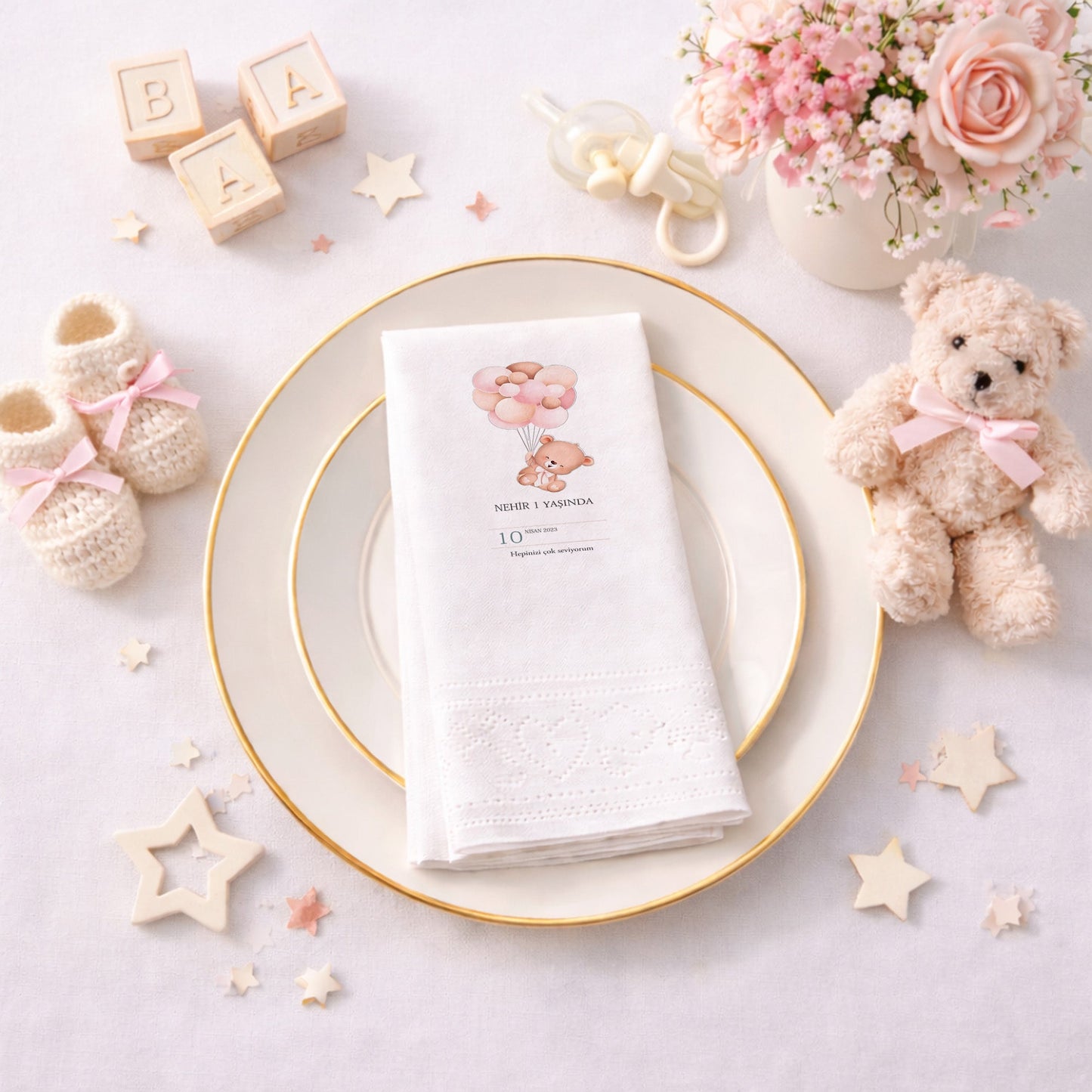 Balonlu Ayıcık Temalı Kız Bebek 1 Yaş Peçetesi