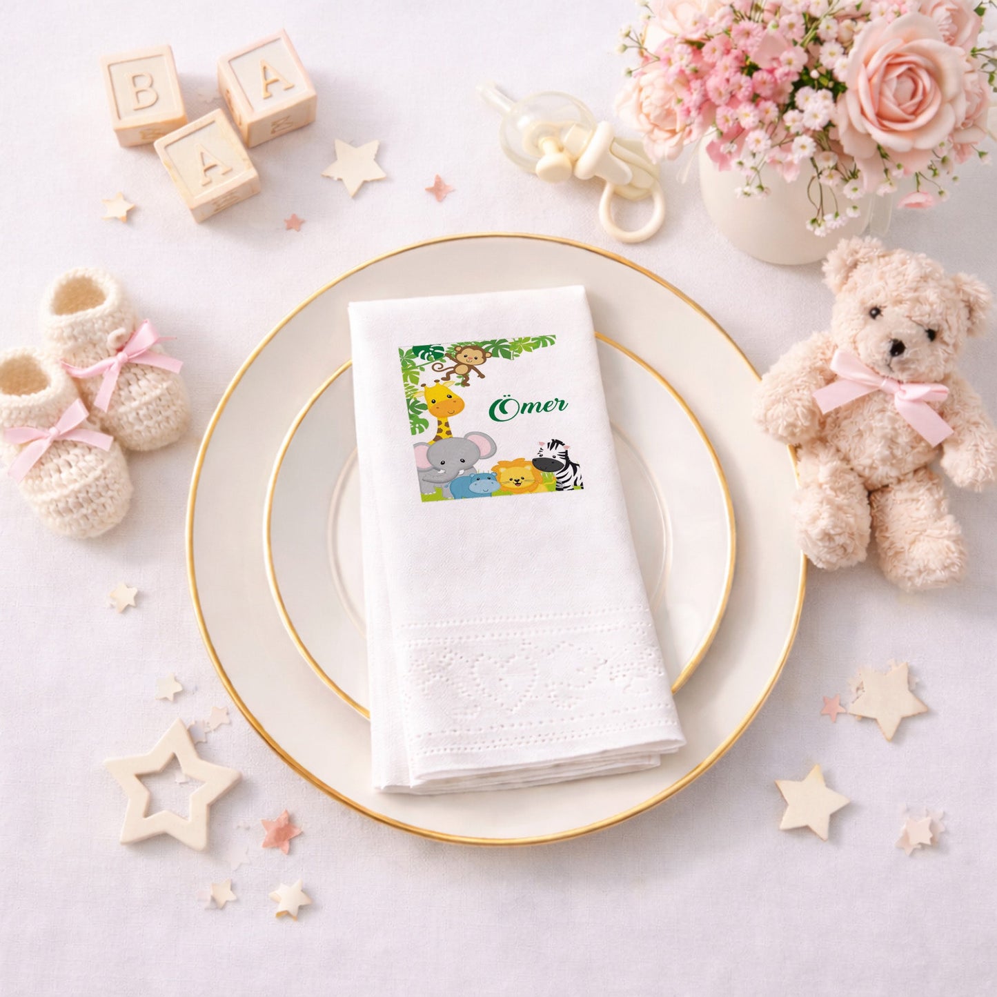 Çiçekli Tavşan Temalı Kişiye Özel Kız Bebek Peçetesi