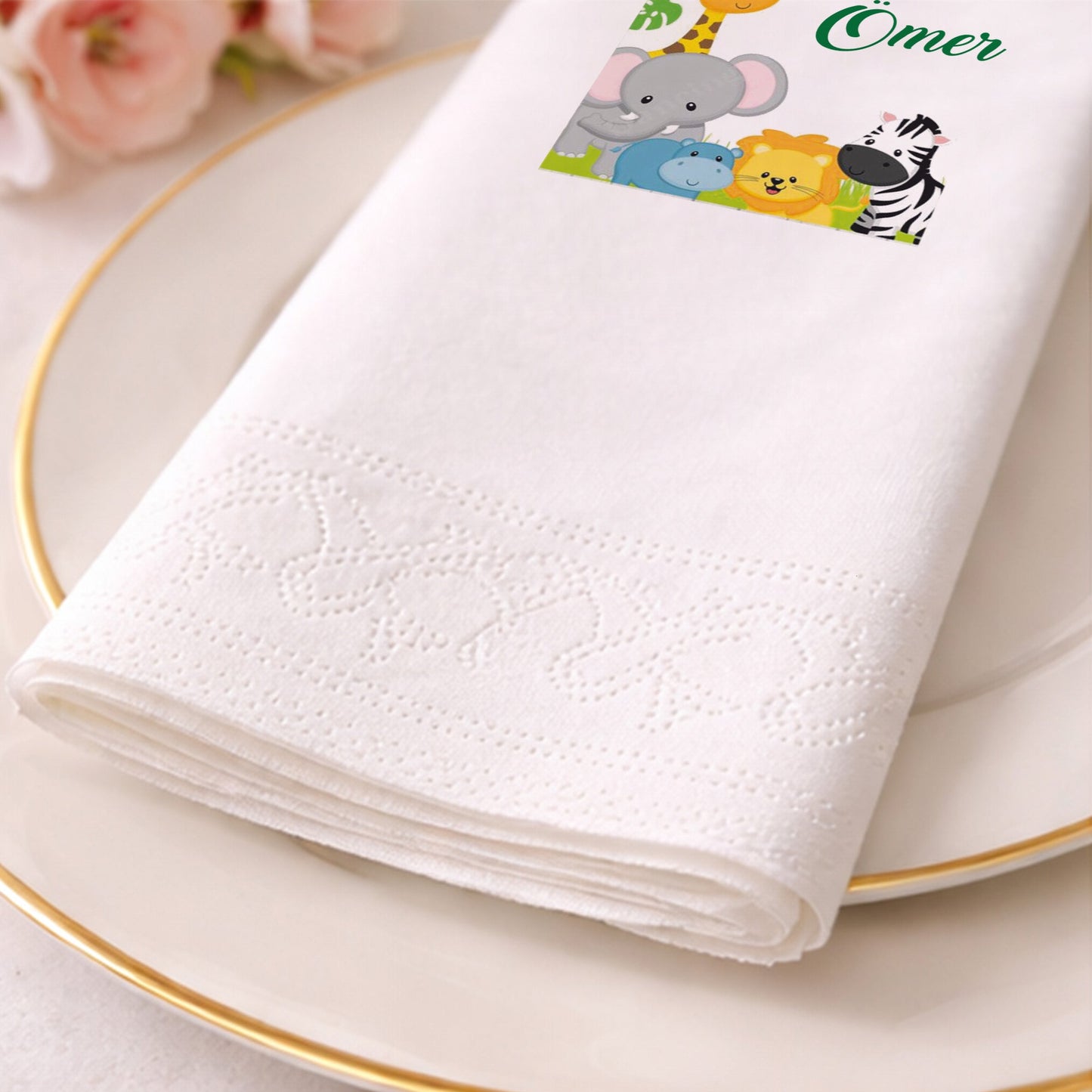 Çiçekli Tavşan Temalı Kişiye Özel Kız Bebek Peçetesi