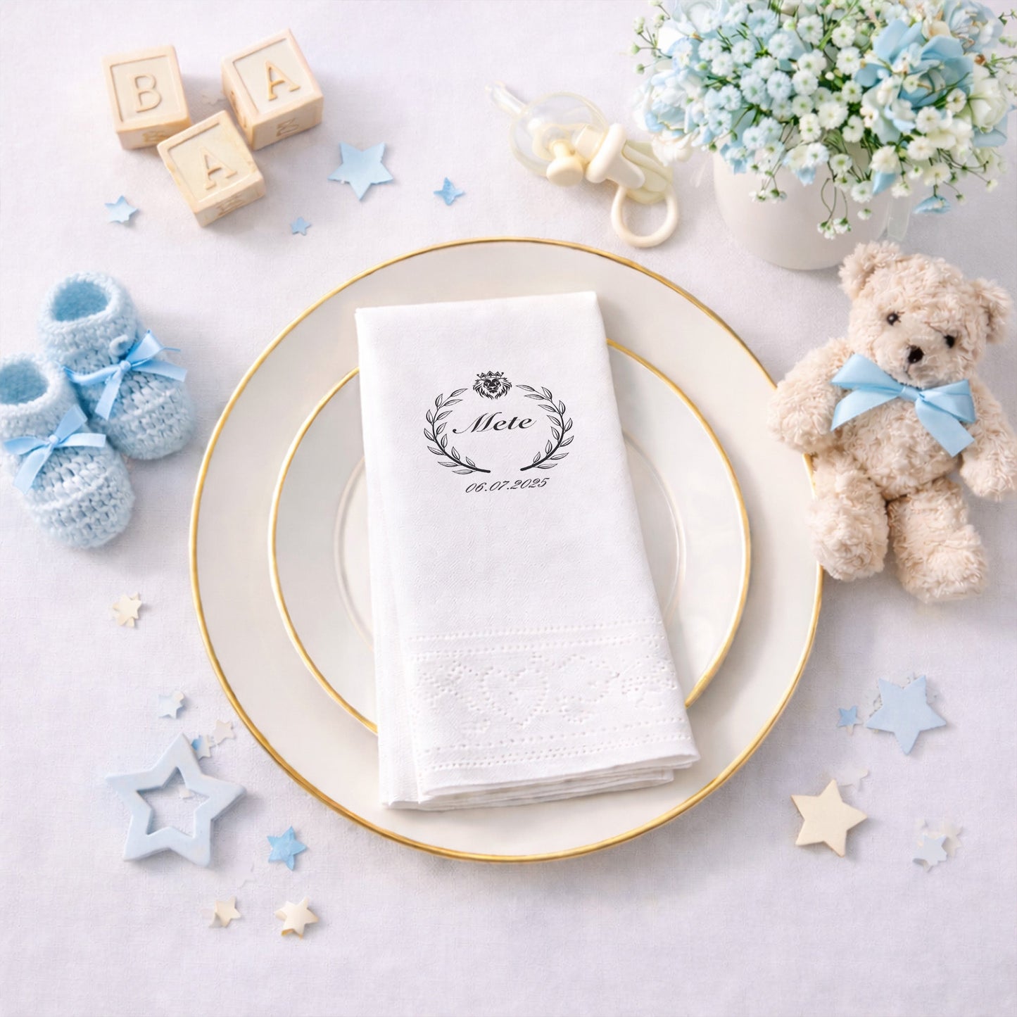 Kuğulu Baby Shower Temalı Kişiye Özel Bebek Peçetesi