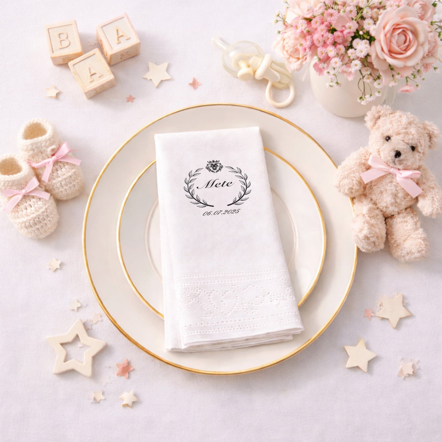 Kuğulu Baby Shower Temalı Kişiye Özel Bebek Peçetesi