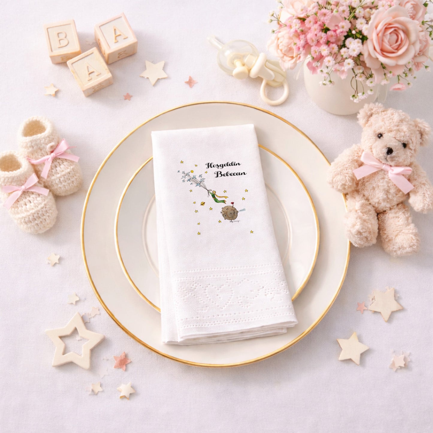 Sıcak Hava Balonu Temalı Kişiye Özel Bebek Hoş Geldin Peçetesi