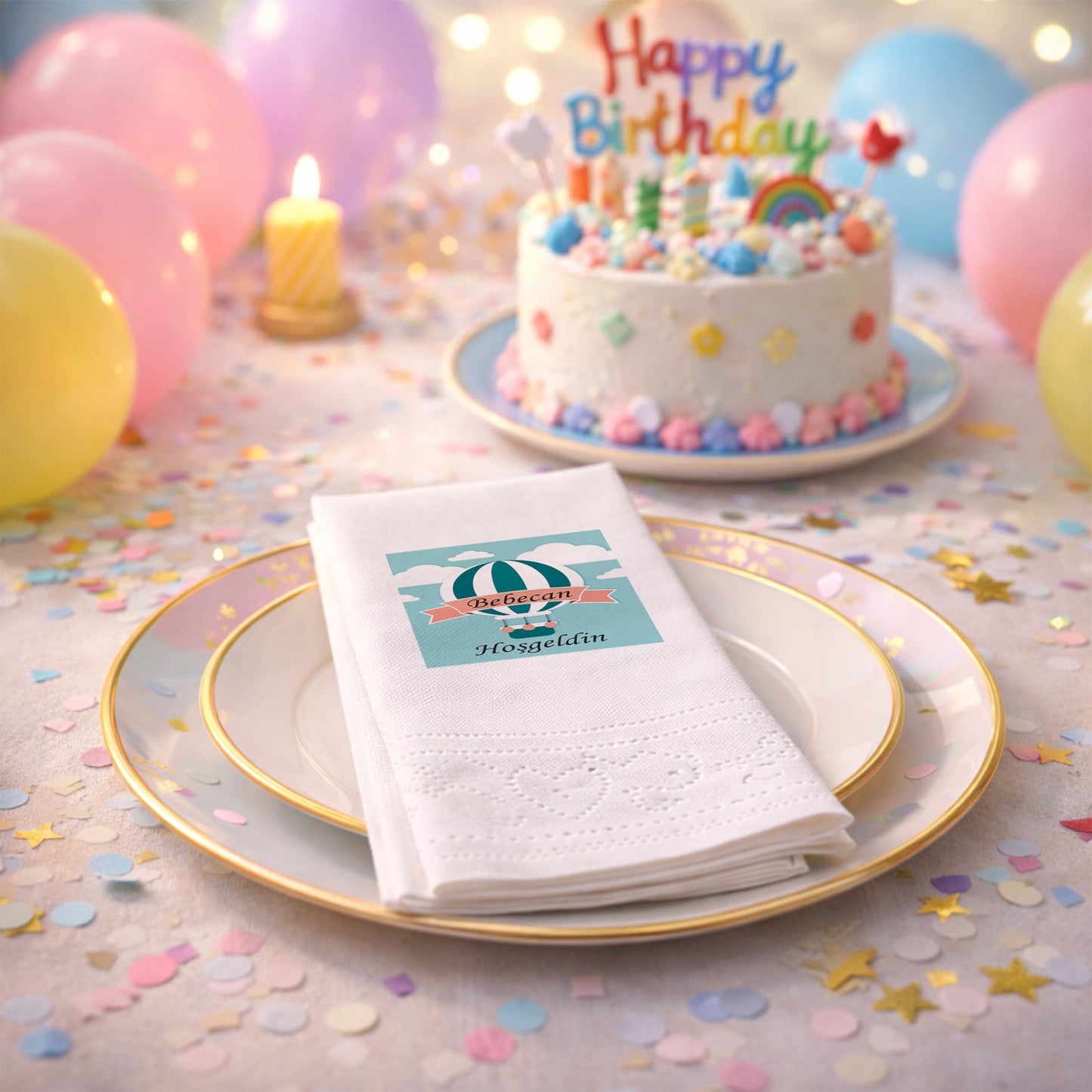 Pembe Balon Temalı Kişiye Özel Kız Bebek Hoş Geldin Peçetesi