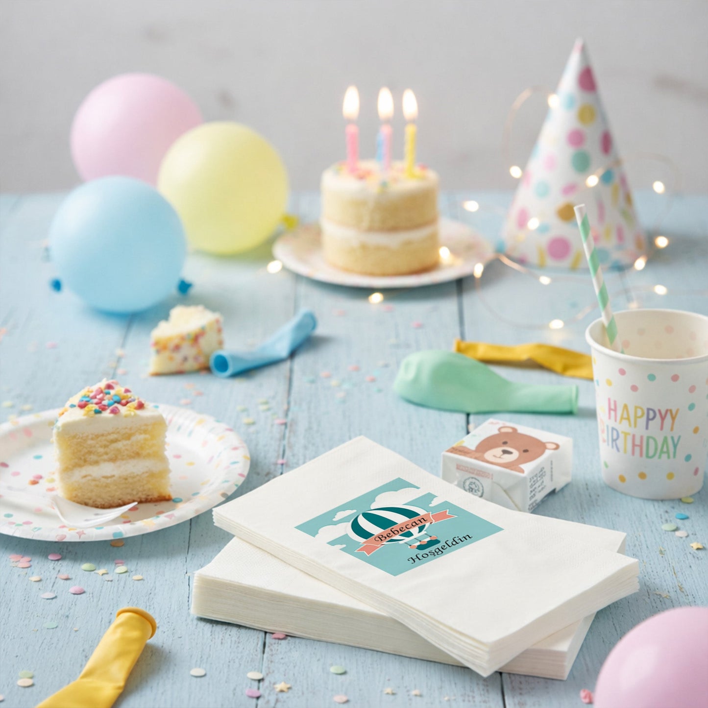 Pembe Balon Temalı Kişiye Özel Kız Bebek Hoş Geldin Peçetesi